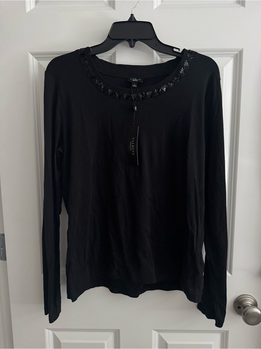 Talbots Black Long-Sleeve Top with Beaded Neckline